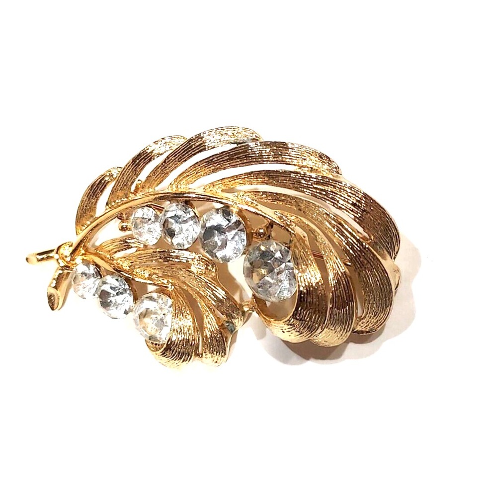 Brooch LISNER Gold Tone Feathers & Clear Rhinestone VINTAGE